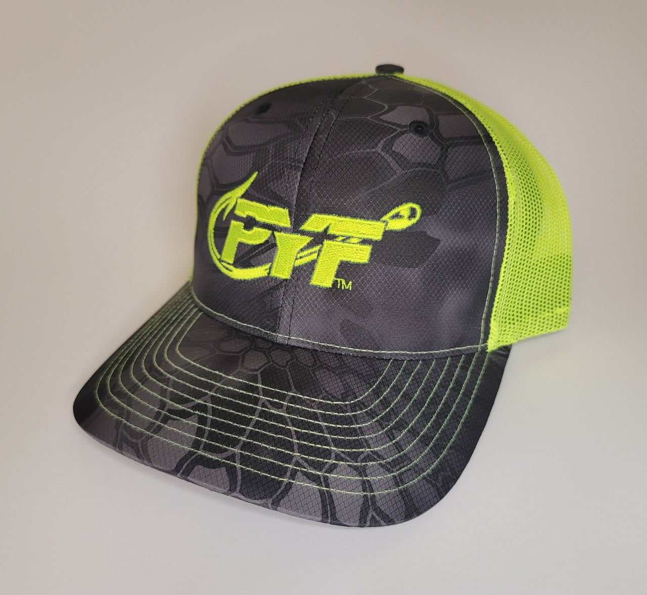 CXII Mesh Hat - Old YellerFin Fishing (Neon Yellow Logo/Kryptek Typhon-Neon Yellow)